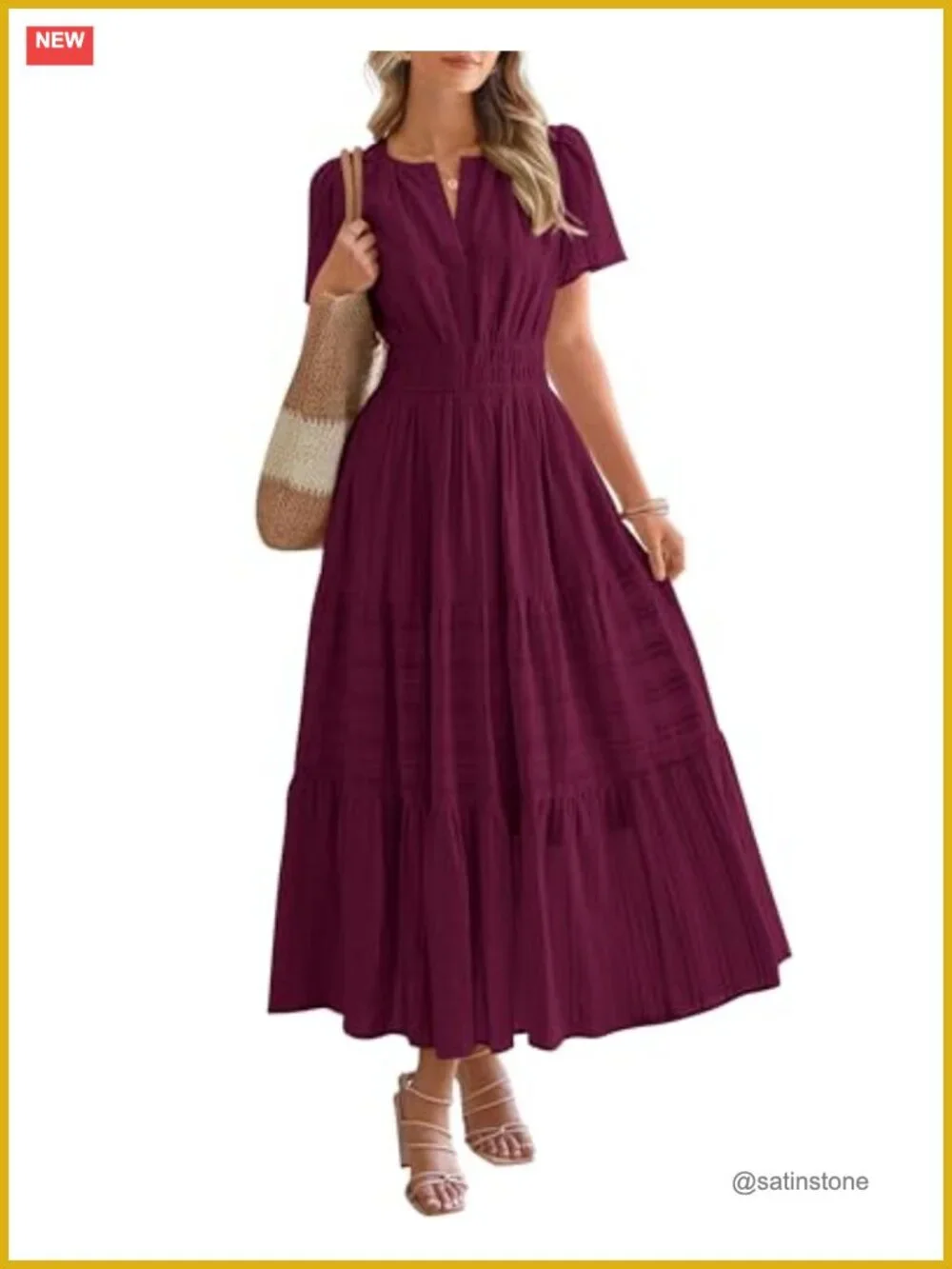 Women's Maxi Dress Short Sleeve V Neck Tiered Ruffle Boho Casual Beach